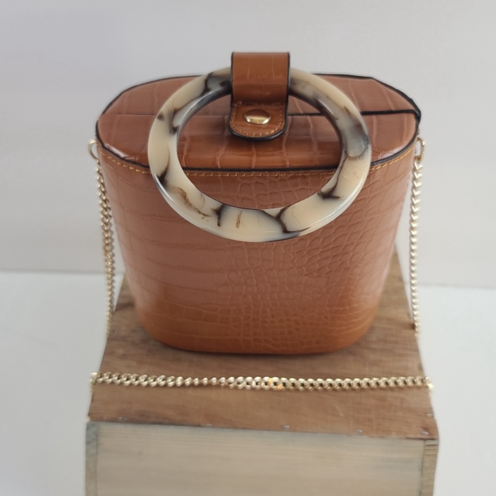 Topshop Tan Faux Leather Croc Embossed Pillbox Bag